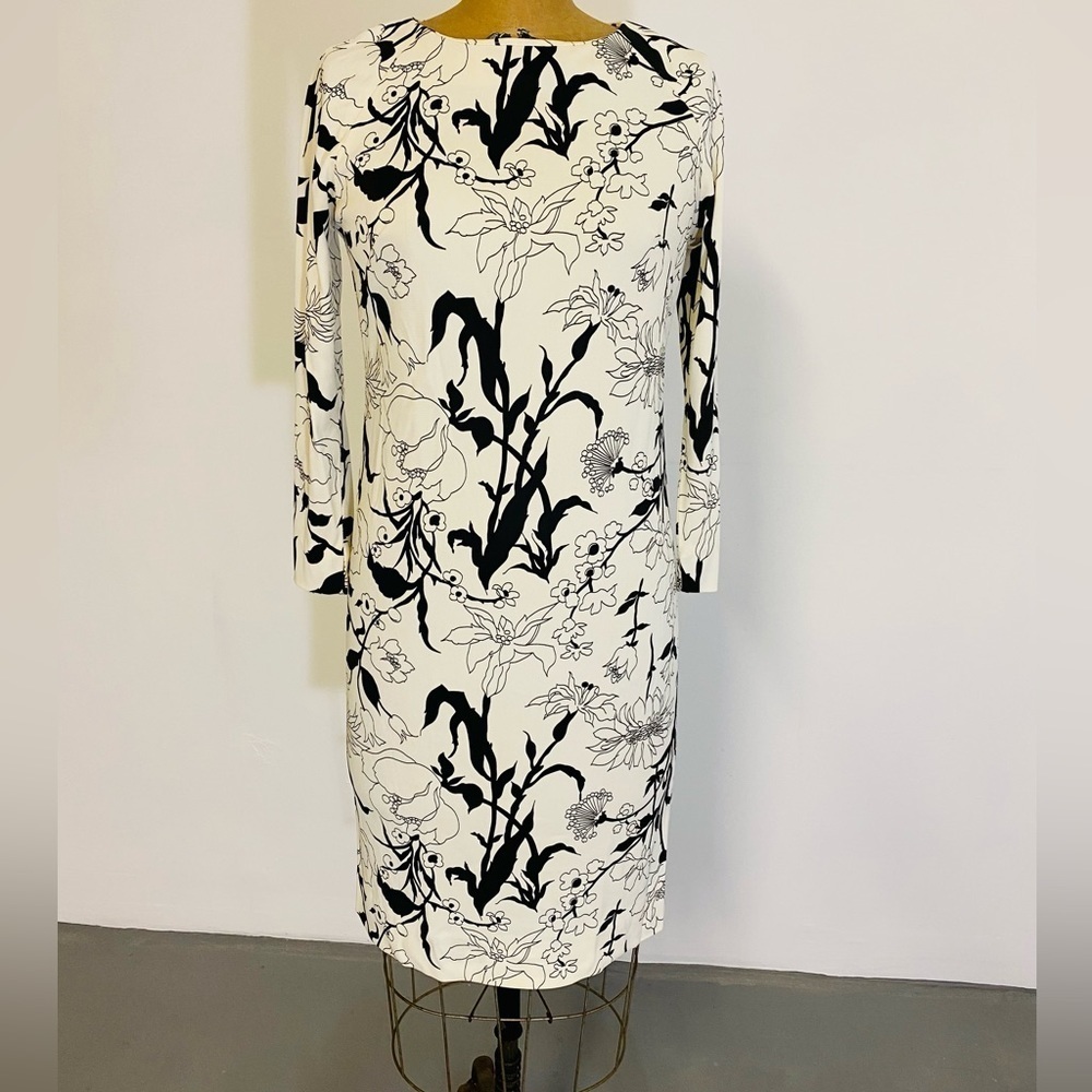 Vintage 1970s Dress, Loomtogs Brand Long Sleeve Dress with Black & White Floral - Picture 2 of 12